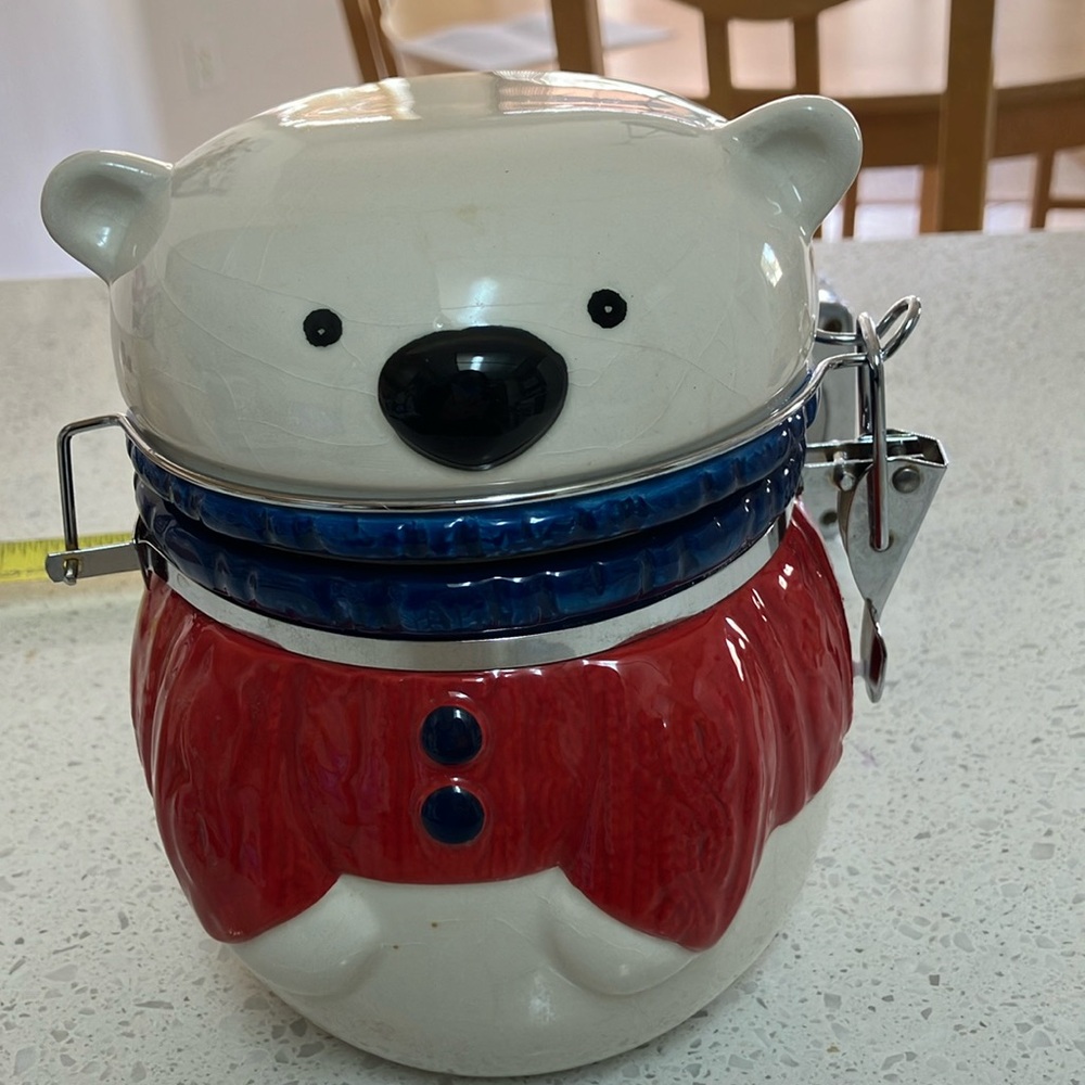 Hinged Ceramic Jar Exclusive Polar Bear, blue‎ scarf and cable knit red sweater